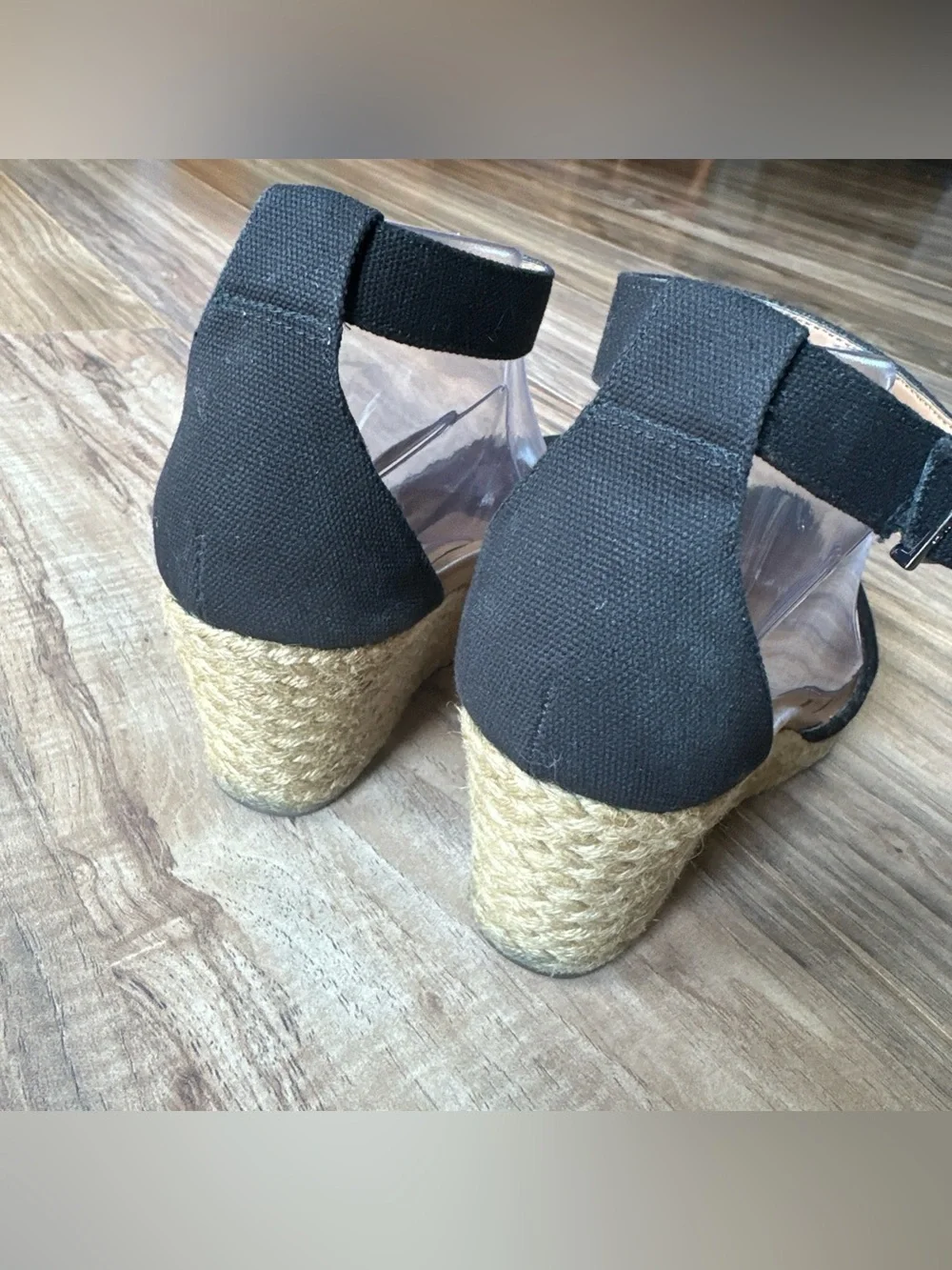 Vionic Amy Wedge Espadrille Sandals Size 9 Black Canvas Buckle Ankle Strap